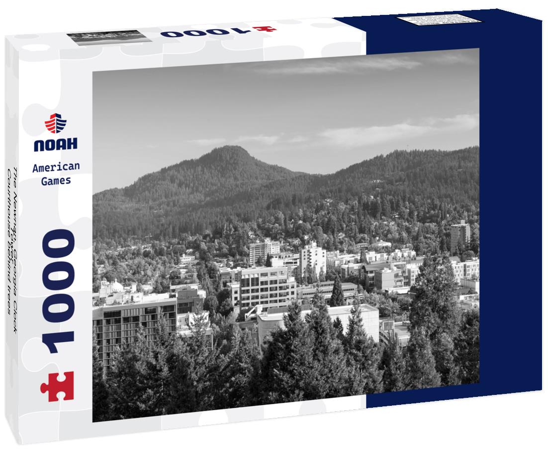 Noah Jigsaw Puzzle The Newnan, Georgia Clock Tower - Courthouse behind trees with blue sky in black white 1000 pieces