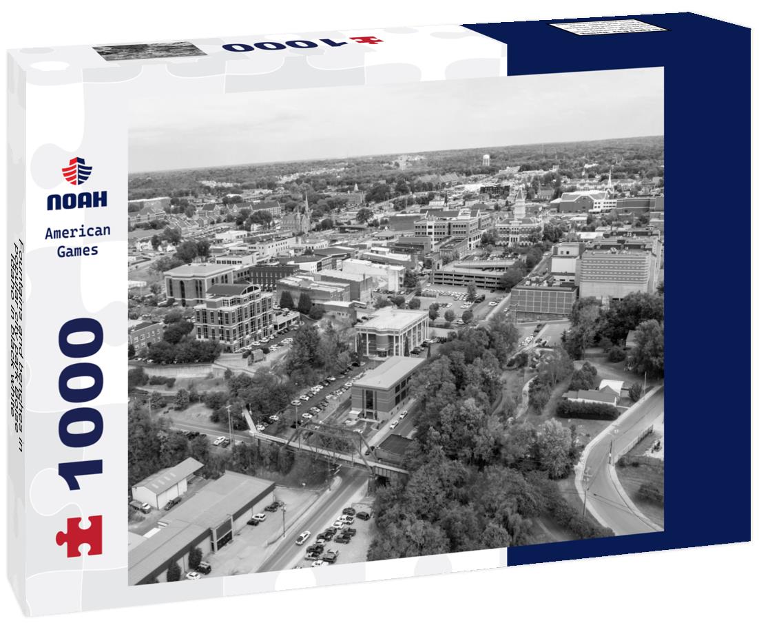 Noah Jigsaw Puzzle Fountains and benches in popular city park Boise Idaho in black white 1000 pieces