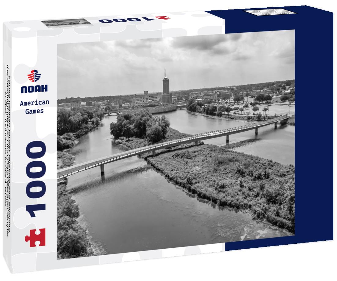 Noah Jigsaw Puzzle Young woman tourist relaxing and enjoying the beautiful view at Ulun Danu Beratan temple in Bali, Indonesia in black white 1000 pieces