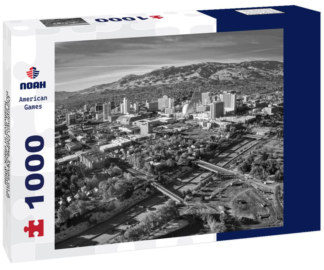 Noah Jigsaw Puzzle Downtown Dallas Texas on a blue sky around 2023 summer heatwave in black white 1000 pieces