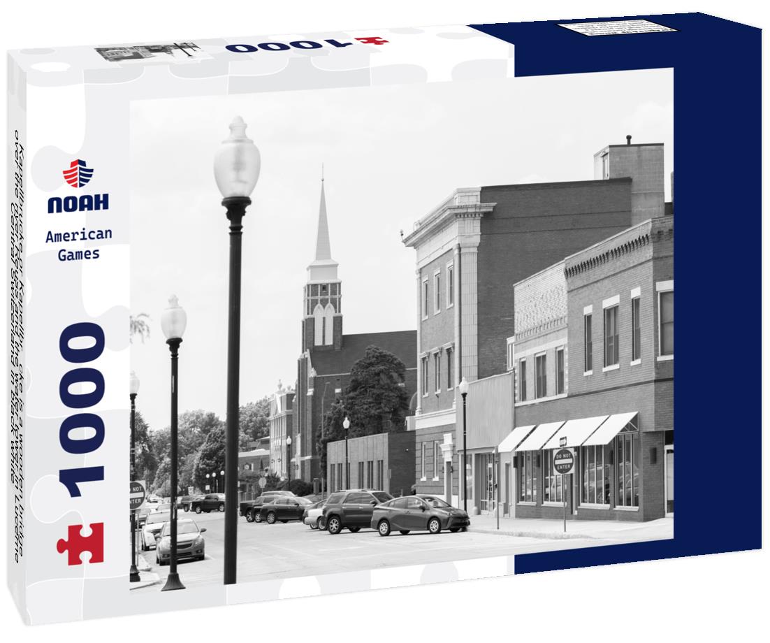 Noah Jigsaw Puzzle Kapellbrucke or Kapellbrücke is a wooden bridge over the river Reuss and the water tower in Lucerne, Central Switzerland in black white 1000 pieces