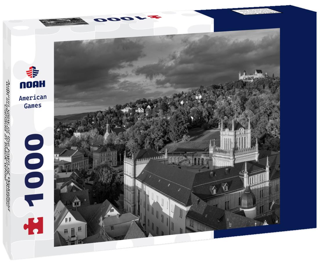 Noah Jigsaw Puzzle Autumn view of the town of Wakefield with sunbeams and church, Quebec, Canada in black white 1000 pieces