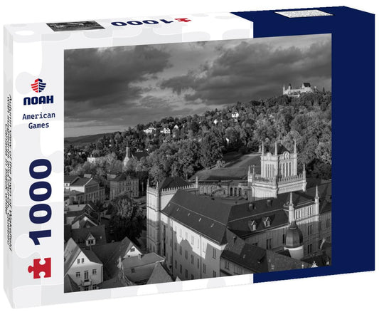 Noah Jigsaw Puzzle Autumn view of the town of Wakefield with sunbeams and church, Quebec, Canada in black white 1000 pieces