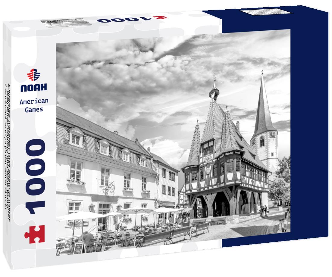 Noah Jigsaw Puzzle Shirahige waterfall with snow in winter, Biei River flowing into Blue Pond. Landmark and popular attraction in Hokkaido, Japan in black white 1000 pieces