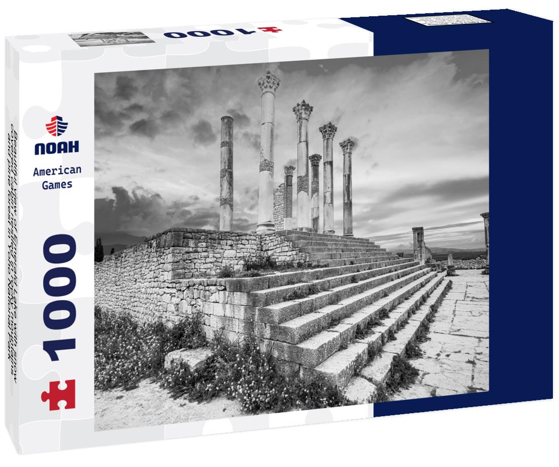 Noah Jigsaw Puzzle Beautiful view of Emerald Lake with snow-covered cabin nestled in rocky mountains and pine forest in Yoho National Park, British Columbia, Canada in black white 1000 pieces