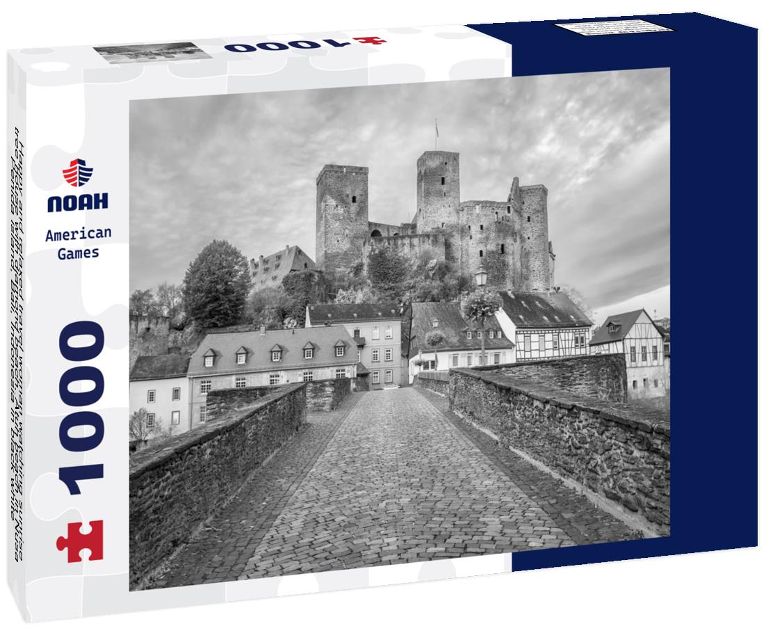 Noah Jigsaw Puzzle Happy and relaxed travel woman watching sunrise, tree house with diamond beach, Atuh beach in Nusa Penida island, Bali, Indonesia in black white 1000 pieces