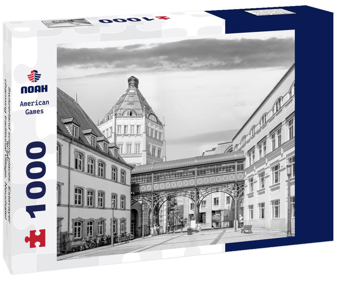 Noah Jigsaw Puzzle Switzerland scenic places. Estavayer-le-lac - charming traditional village, Neuchatel lake. Air dry video of medieval castle. Canton of Fribourg in black white 1000 pieces