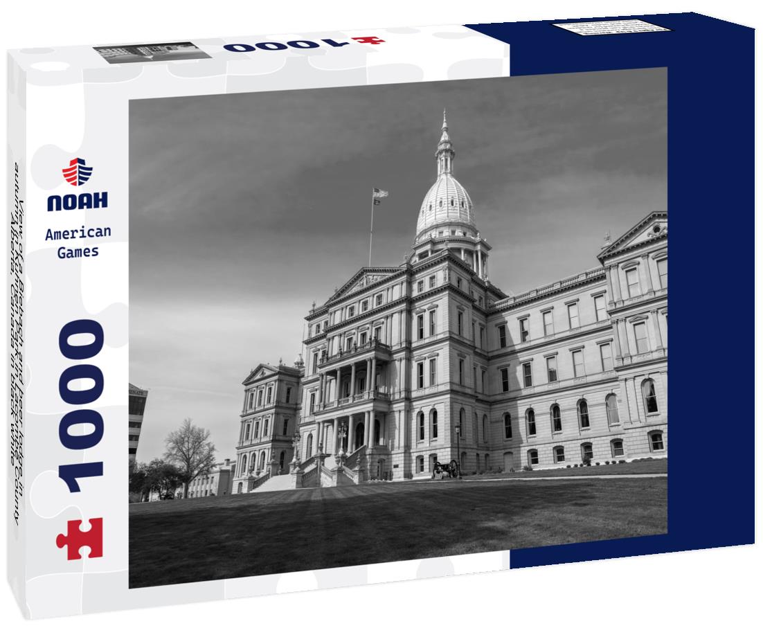 Noah Jigsaw Puzzle View of a Biebach and beer lodge in autumn in Kuhnen Park in Lacombe County, Alberta, Canada in black white 1000 pieces