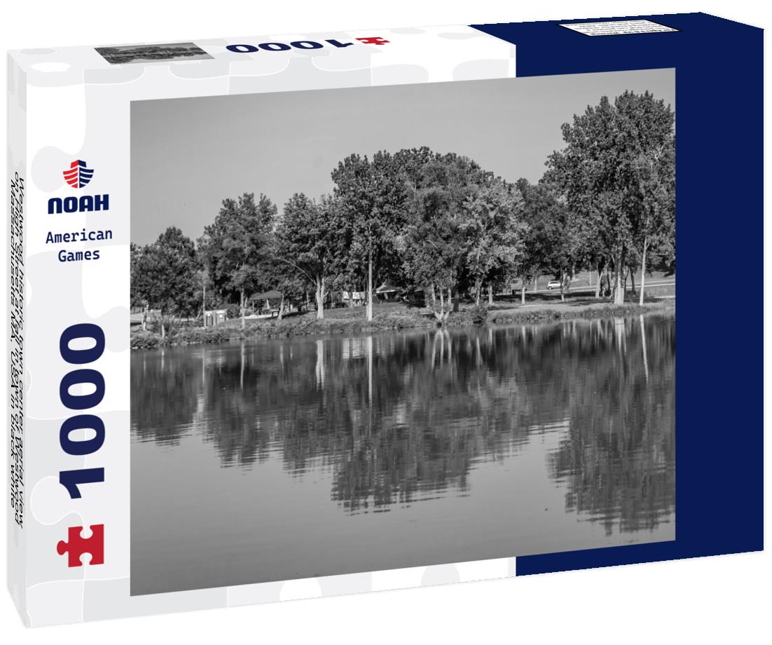 Noah Jigsaw Puzzle Westwood historic town center aerial view on High Street at fall in town of Westwood, Massachusetts MA, USA in black white 1000 pieces