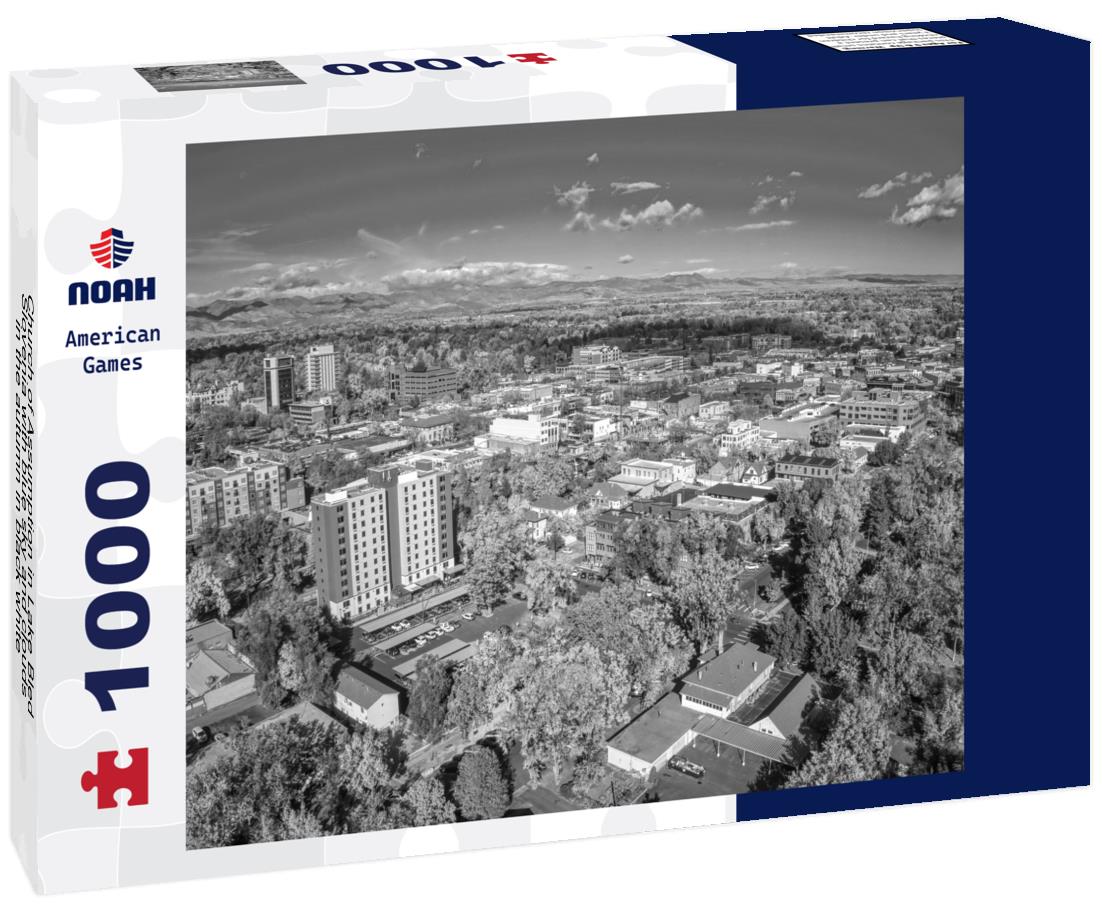 Noah Jigsaw Puzzle Church of Assumption in Lake Bled, Slovenia with blue sky and clouds in the autumn in black white 1000 pieces