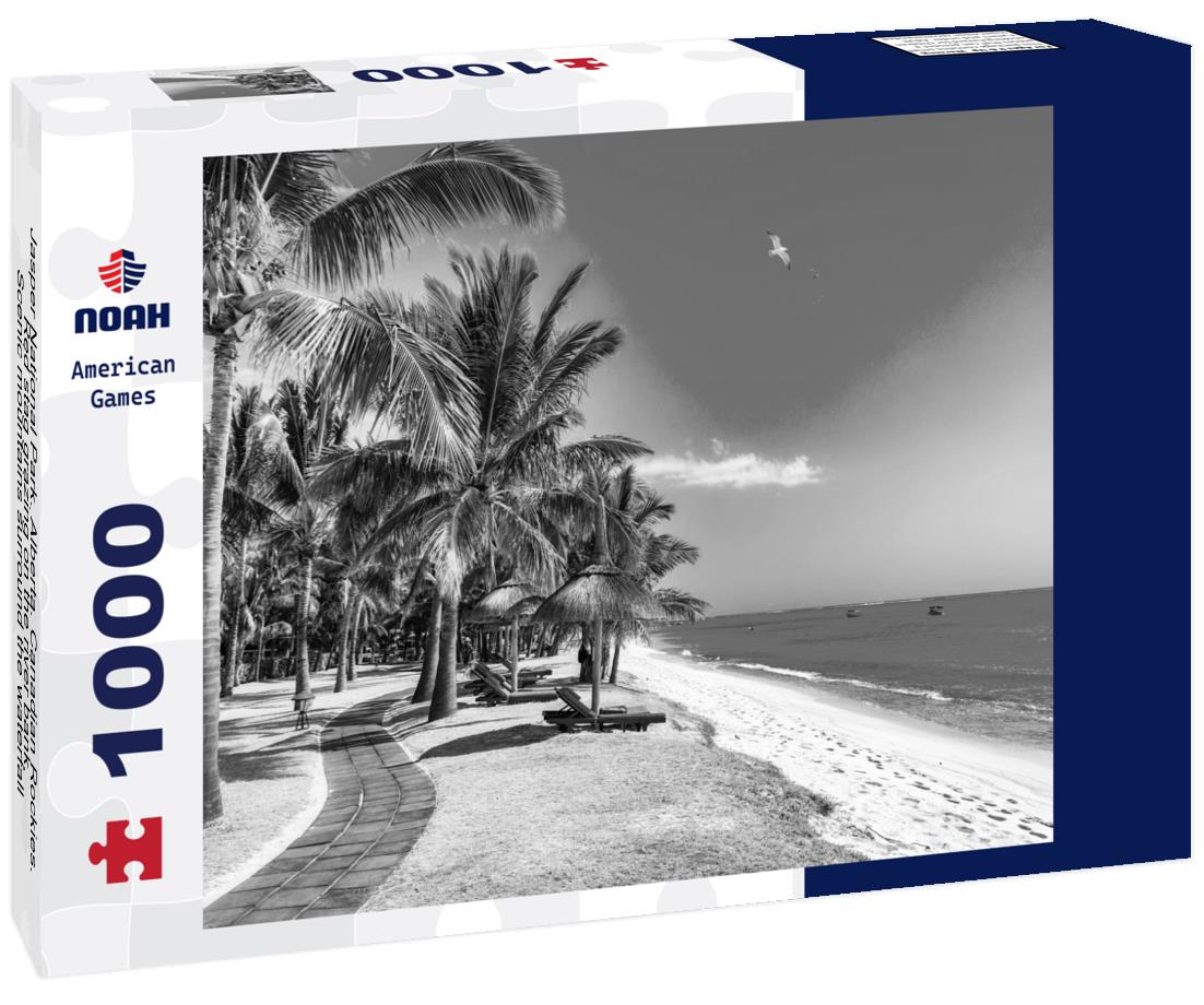 Noah Jigsaw Puzzle Jasper National Park. Alberta. Canadian Rockies. Red stag grazing on the river bank. Scenic mountains surround the waterfall and river Athabasca in black white 1000 pieces