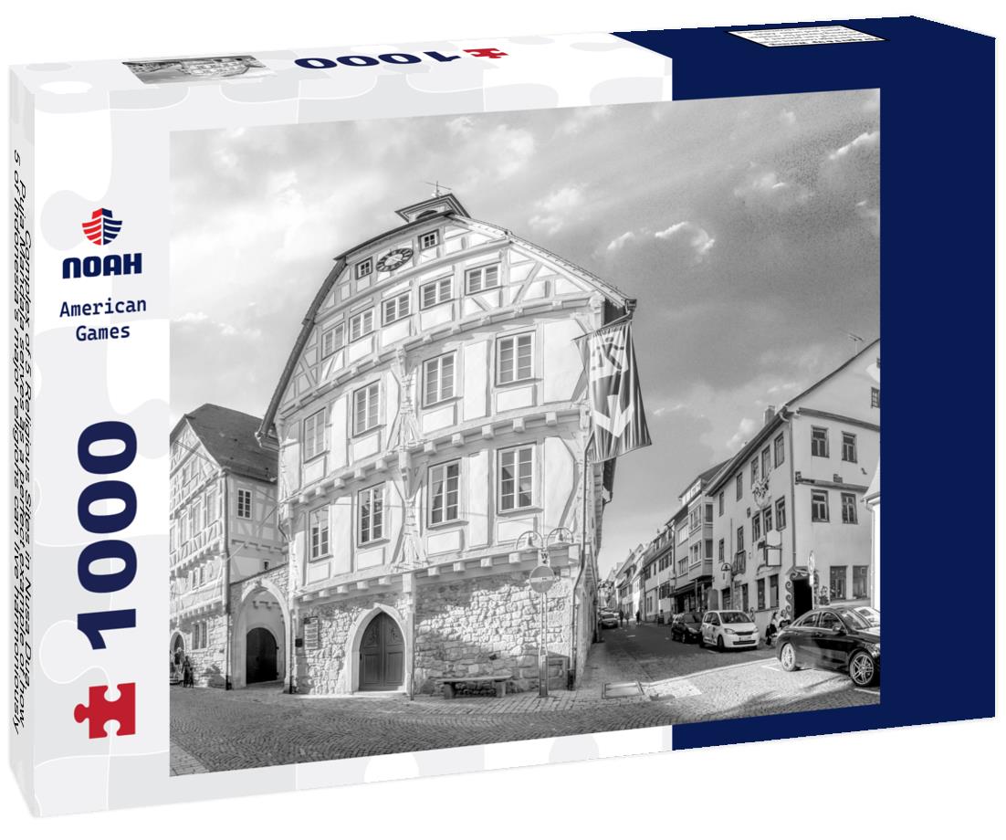 Noah Jigsaw Puzzle Complex of 5 Religious Sites in Nusa Dua. Puja Mandala serves as a perfect example of how 5 of Indonesia's major religions can live harmoniously side-by-side. Buddhist temple Vihara Buddha Guna. Bali in black white 1000 pieces