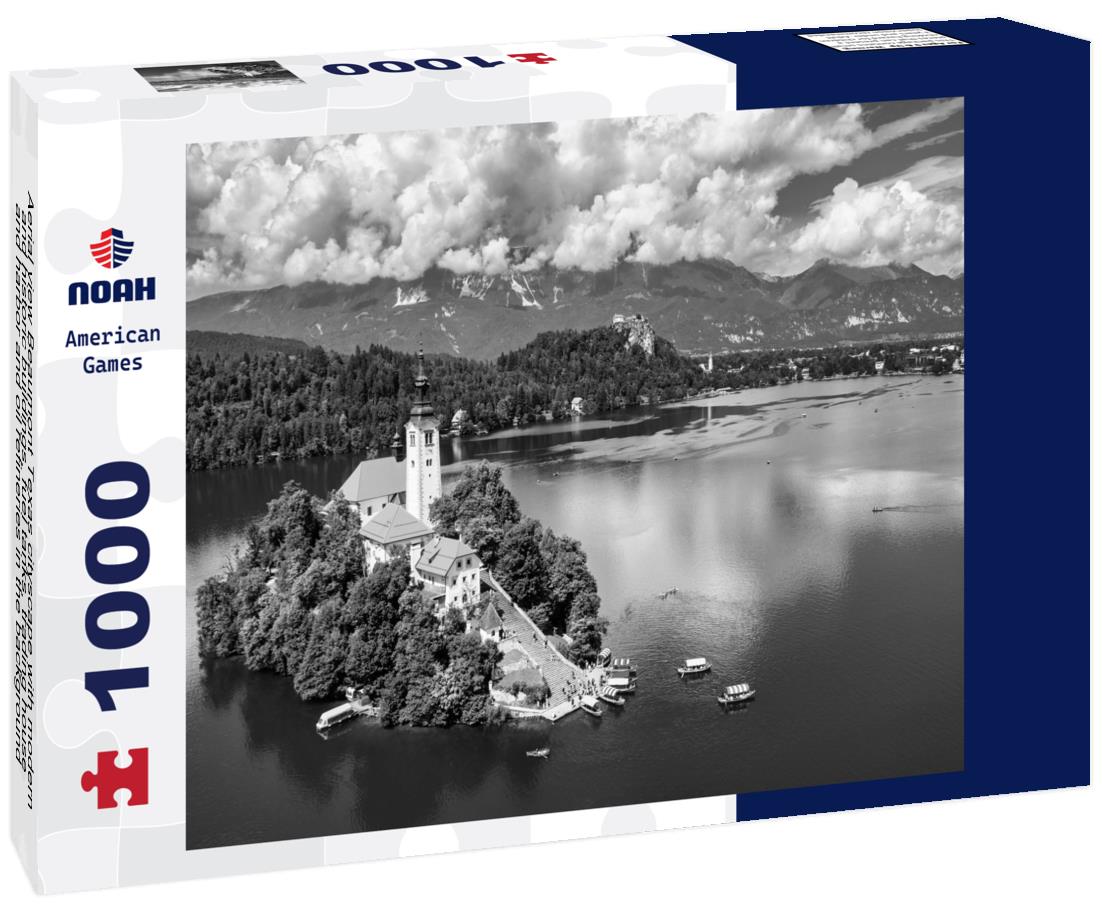 Noah Jigsaw Puzzle Aerial view Beaumont Texas cityscape with modern and historic buildings, fuel tanks, trading house and harbor and oil refineries in the background with partly cloudy blue sky in black white 1000 pieces