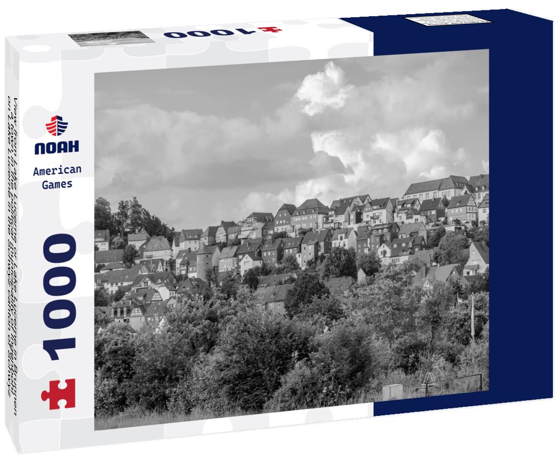 Noah Jigsaw Puzzle View from Lake Lucerne or Lake Lucerne in Brunnen, a town in the political municipality of Ingenbohl, on Lake Lucerne in the Schwyz canton of Schwyz in Switzerland in black white 1000 pieces