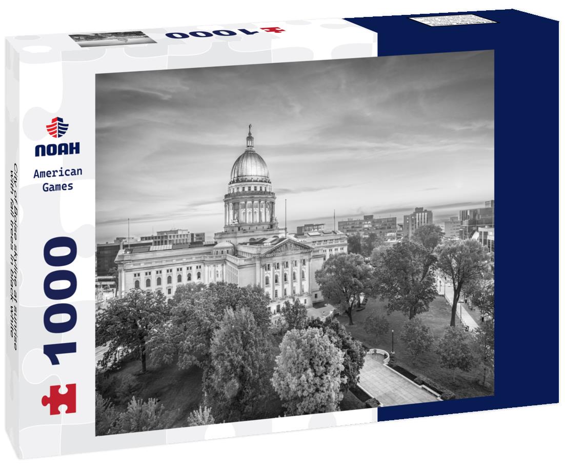 Noah Jigsaw Puzzle City of Boise skyline at sunrise with fall trees in black white 1000 pieces