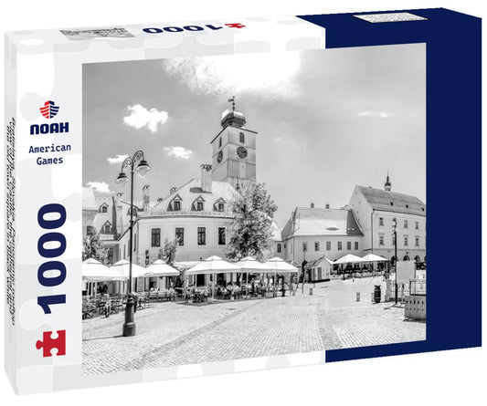 Noah Jigsaw Puzzle Bratislava, Slovakia. Panoramic rooftop view of the Castle, the cathedral and the old town square in black white 1000 pieces