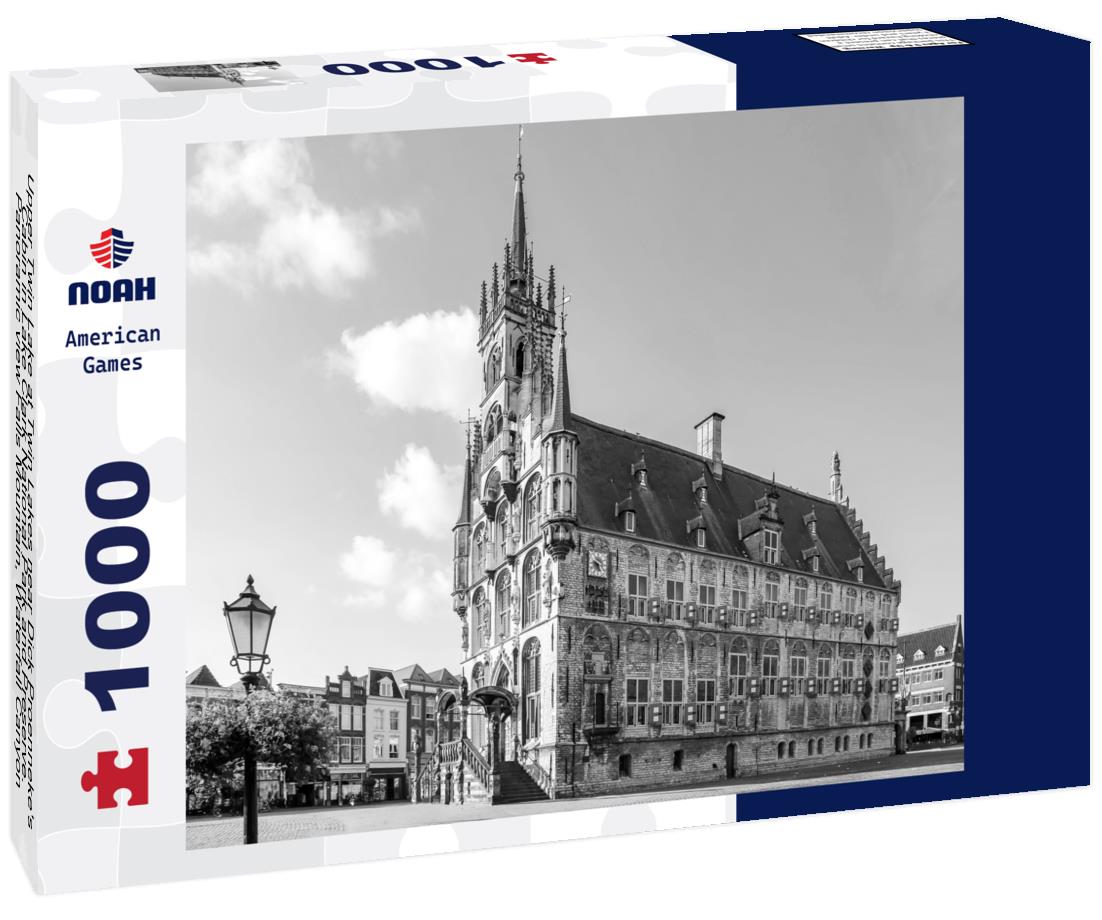 Noah Jigsaw Puzzle Upper Twin Lake at Twin Lakes near Dick Proenneke's Cabin in Lake Clark National Park and Preserve. Panoramic view Falls Mountain, Waterfall Canyon, Allen Mountain reflect in turquoise, glacial water in black white 1000 pieces