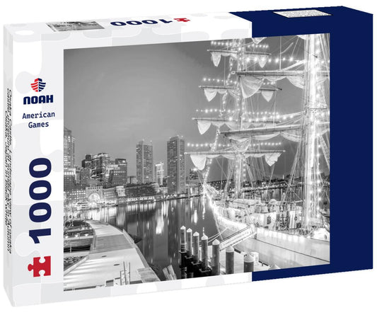 Noah Jigsaw Puzzle Osaka Castle, Landscape view of osaka castle museum at sunset sky in Autumn, Osaka, Japan in black white 1000 pieces