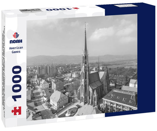 Noah Jigsaw Puzzle View across green planting of Gateway Arch park and across the lake to office buildings and hotels in downtown St Louis Missouri in black white 1000 pieces