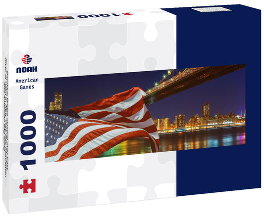 Noah Jigsaw Puzzle Brooklyn Bridge closeup over East River at night in New York City Manhattan and American flag flying panorama 1000 pieces