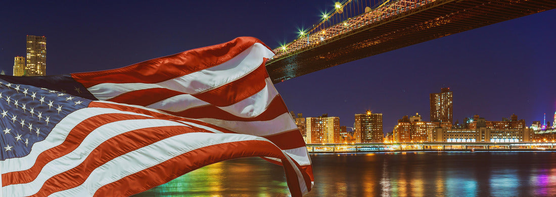 Noah Jigsaw Puzzle Brooklyn Bridge closeup over East River at night in New York City Manhattan and American flag flying panorama 1000 pieces