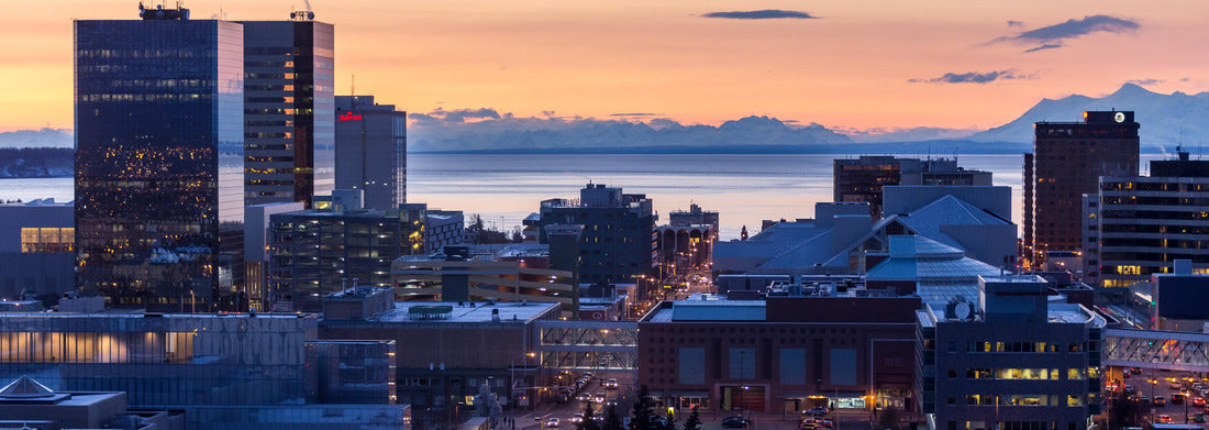 Noah Jigsaw Puzzle Downtown Anchorage, Alaska City skyline at dusk in winter. Looking west towards Cook Inlet panorama 1000 pieces