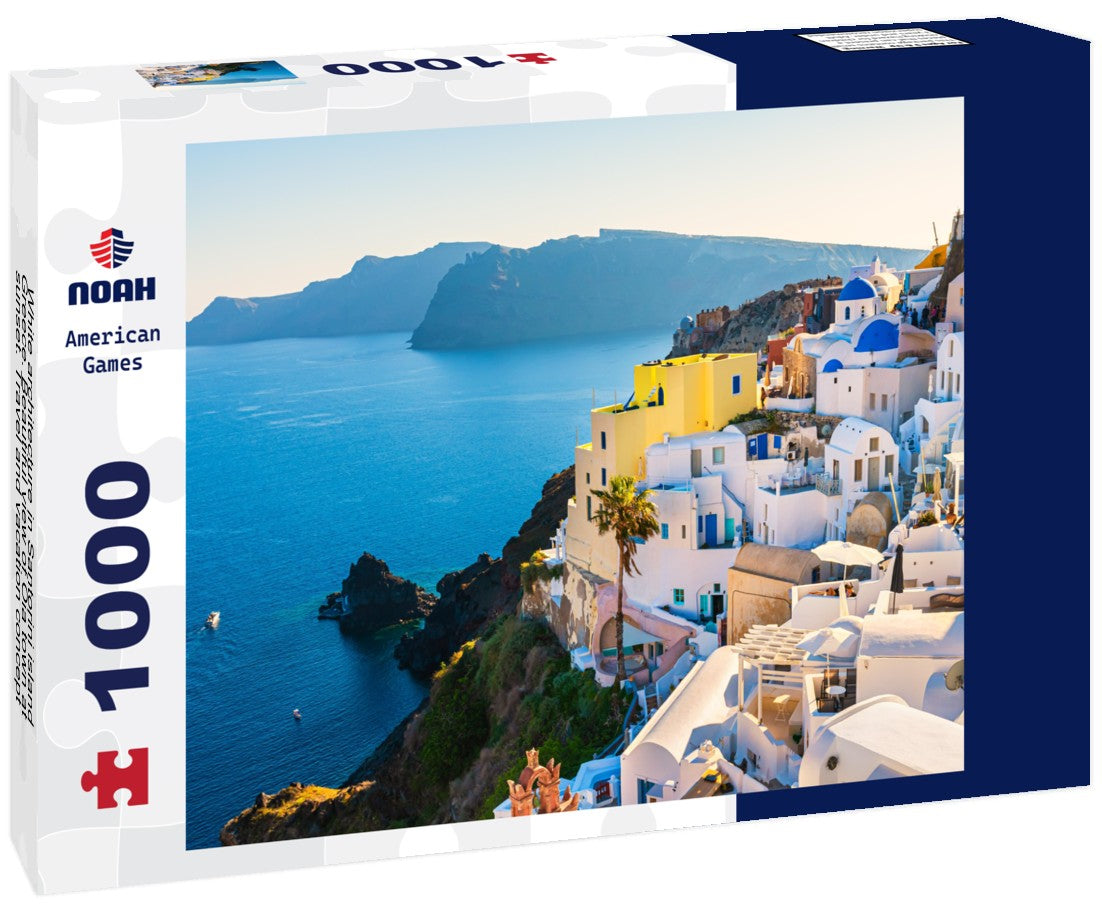 Noah Jigsaw Puzzle White architecture in Santorini island, Greece. Beautiful view of Oia town at sunset. Travel and vacation concept 1000 pieces