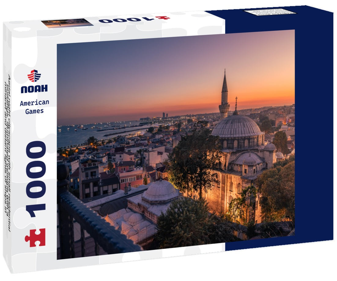 Noah Jigsaw Puzzle Aerial night cityscape with small residential buildings, illuminated mosque with a minaret and distant lights of ships in the sea, Istanbul, Turkey 1000 pieces