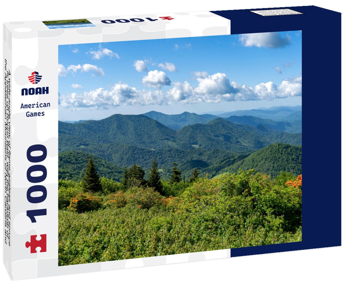 Noah Jigsaw Puzzle A wide-angle view of flame azaleas and spruce-fir trees on Round Bald, with the backdrop of the Appalachian Mountains of North Carolina and Virginia and a clear blue sky with clouds 1000 pieces