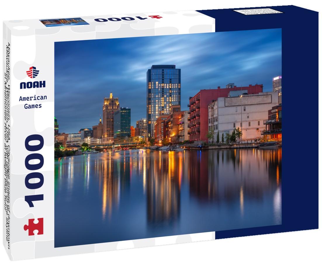 Noah Jigsaw Puzzle Milwaukee, Wisconsin, USA. Cityscape image of downtown Milwaukee, Wisconsin, USA with reflection of the skyline in Mnemonee River at twilight blue hour 1000 pieces