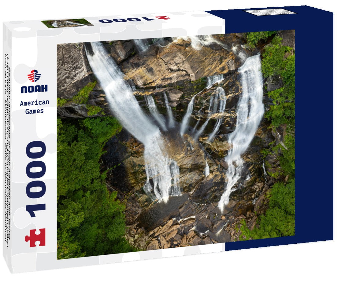 Noah Jigsaw Puzzle Beautiful landscape of high waterfall with falling down clear water from rocky boulders between green lush woods. Whitewater Falls in Nantahala National Forest, North Carolina, USA 1000 pieces