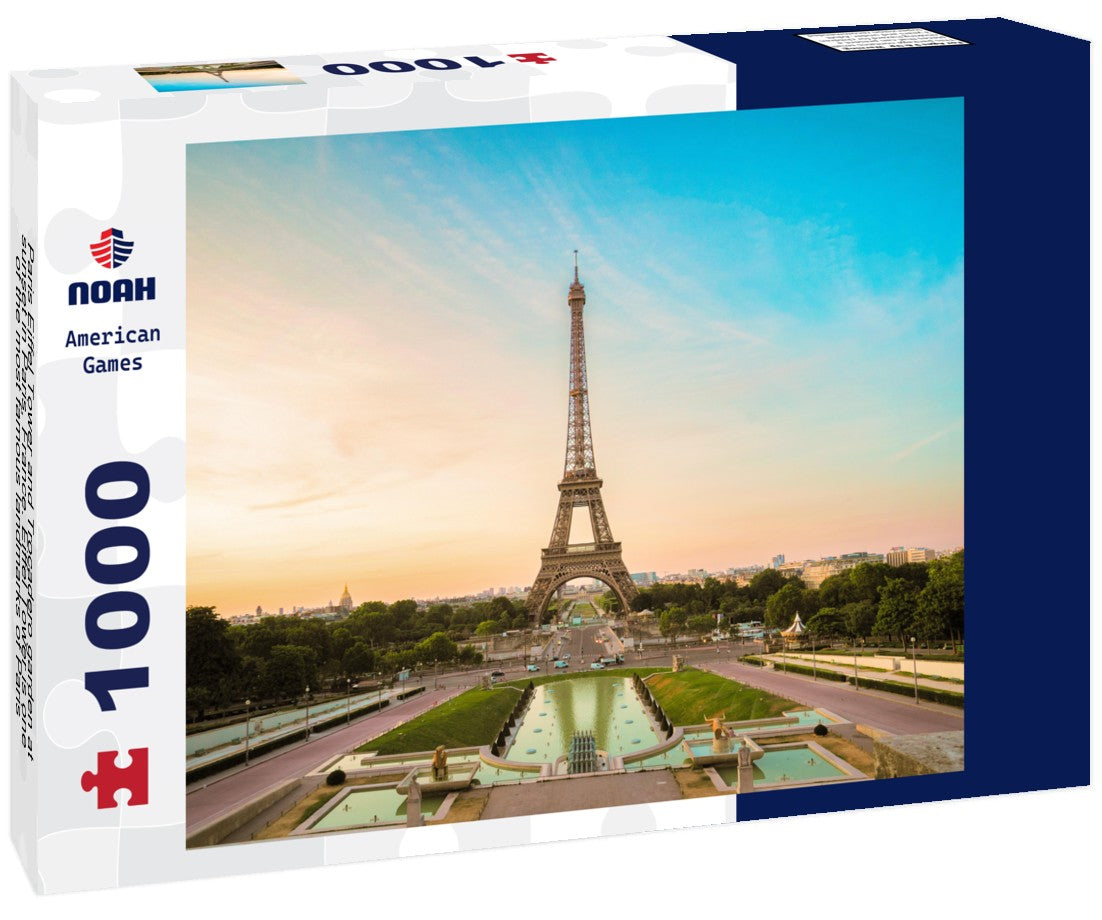 Noah Jigsaw Puzzle Paris Eiffel Tower and Trocadero garden at sunset in Paris, France. Eiffel Tower is one of the most famous landmarks of Paris 1000 pieces