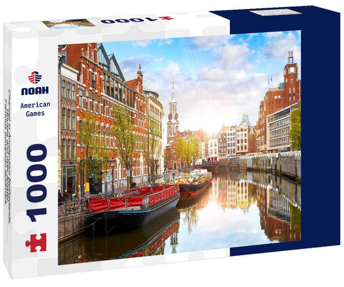 Noah Jigsaw Puzzle Channel in Amsterdam Netherlands. Houses and river Amstel. Famous european landmark. Old city landscape during sunset 1000 pieces