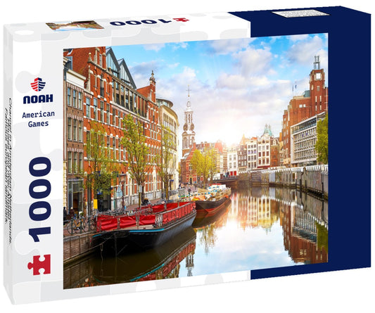 Noah Jigsaw Puzzle Channel in Amsterdam Netherlands. Houses and river Amstel. Famous european landmark. Old city landscape during sunset 1000 pieces