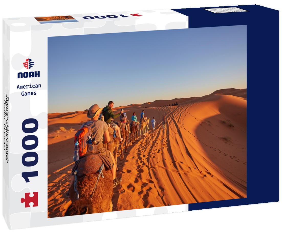 Tourists riding camels, smiling, in the Sahara Desert, Morocco 1000pc Puzzle