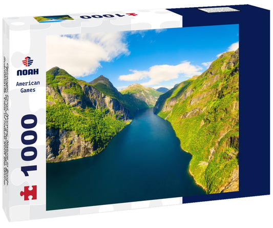 Noah Jigsaw Puzzle Geiranger Fjord, Norway. Nature in fjords. Traveling by boat on a Norwegian fjord. Scandinavia. View of nature from the drone. Seven Sisters Waterfall 1000 pieces