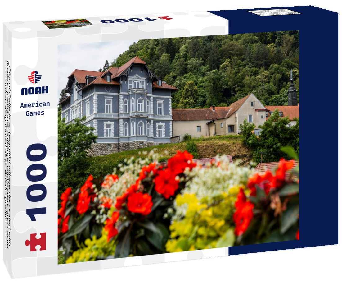 Noah Jigsaw Puzzle City of Celje in a, beautiful village decorated with flowers, traditional buildings with towers and castle, interesting tourist stop. Artistic graffiti. Main street with church and gold statue 1000 pieces
