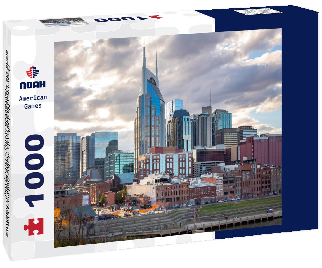 Noah Jigsaw Puzzle Downtown Nashville city skyline buildings view along the Cumberland River. Photo taken in Nashville Tennessee during a cloudy day 1000 pieces