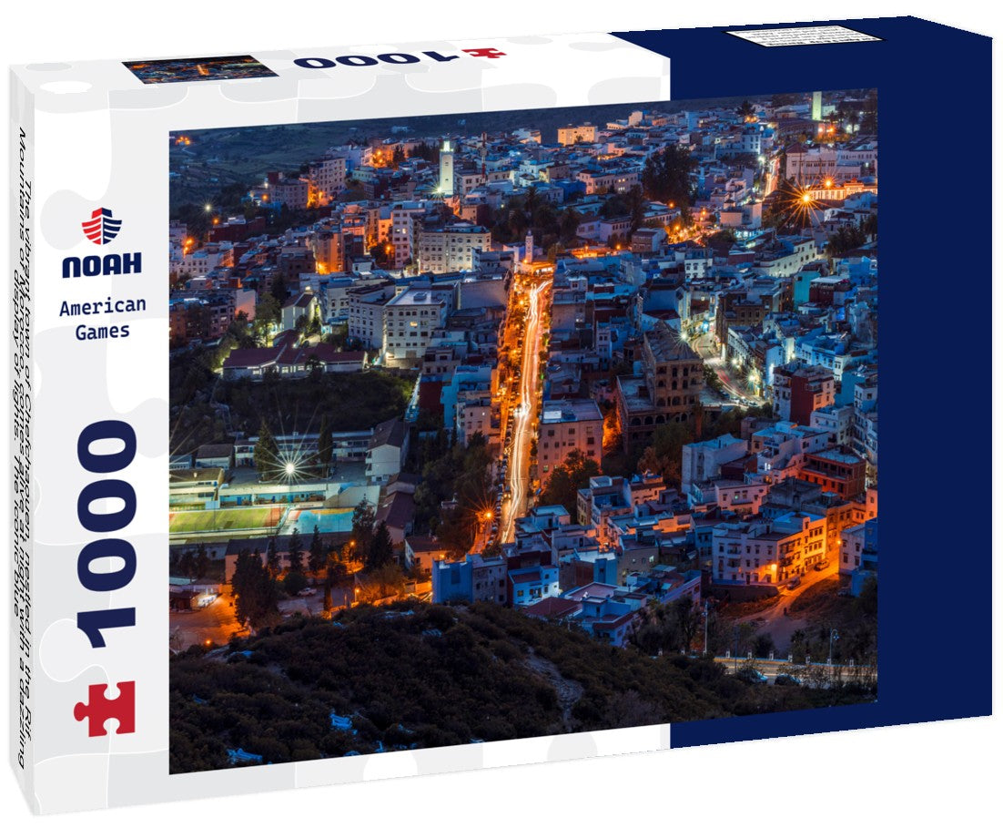 The vibrant town of Chefchaouen, nestled in the Rif Mountains of Morocco, comes alive at night with a dazzling display of lights. The iconic blue-washed buildings create a magical and picturesque view 1000pc Puzzle