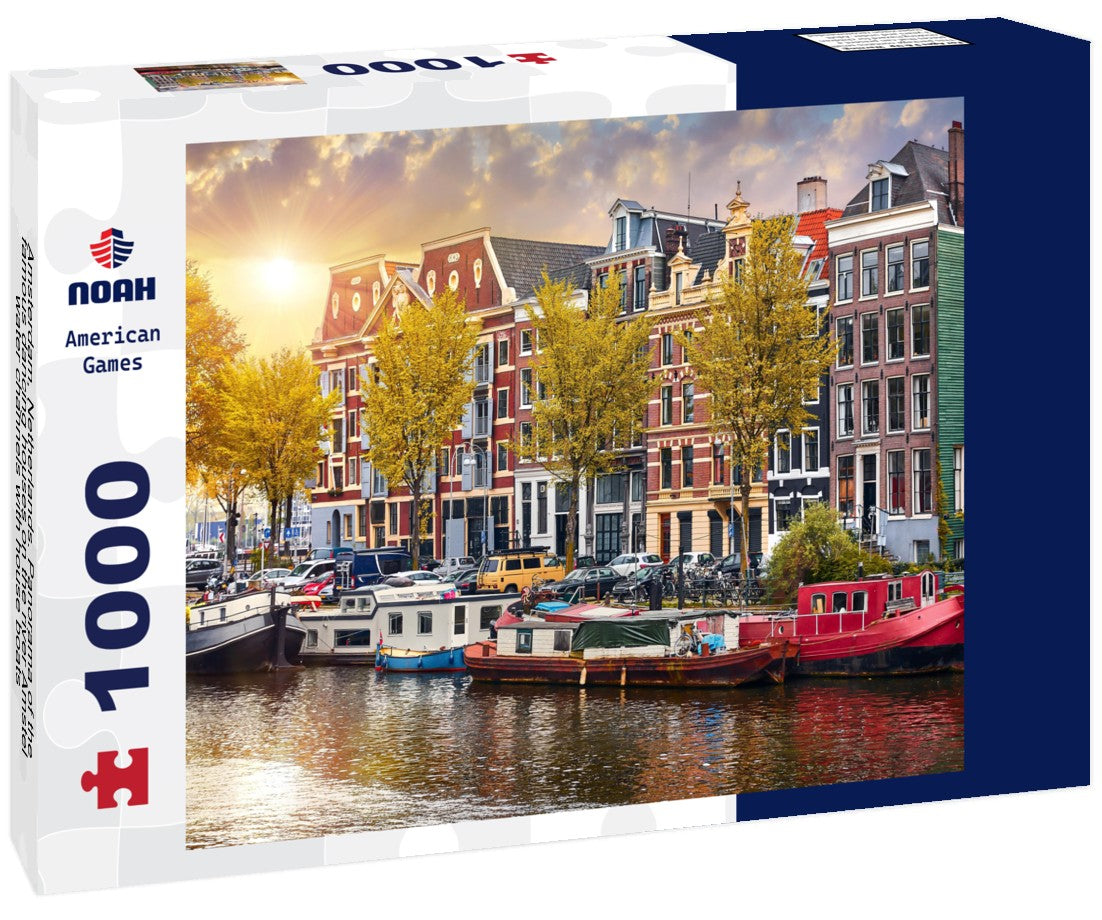 Noah Jigsaw Puzzle Amsterdam, Netherlands. Panorama of the famous dancing houses on the river Amstel, water channels with house boats 1000 pieces