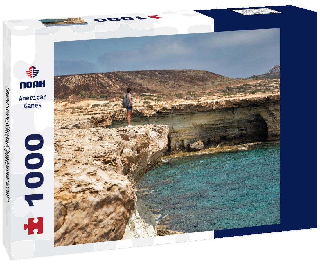 Seascape Cape Greco peninsula park with woman standing over a cliff, Cyprus 1000pc Puzzle