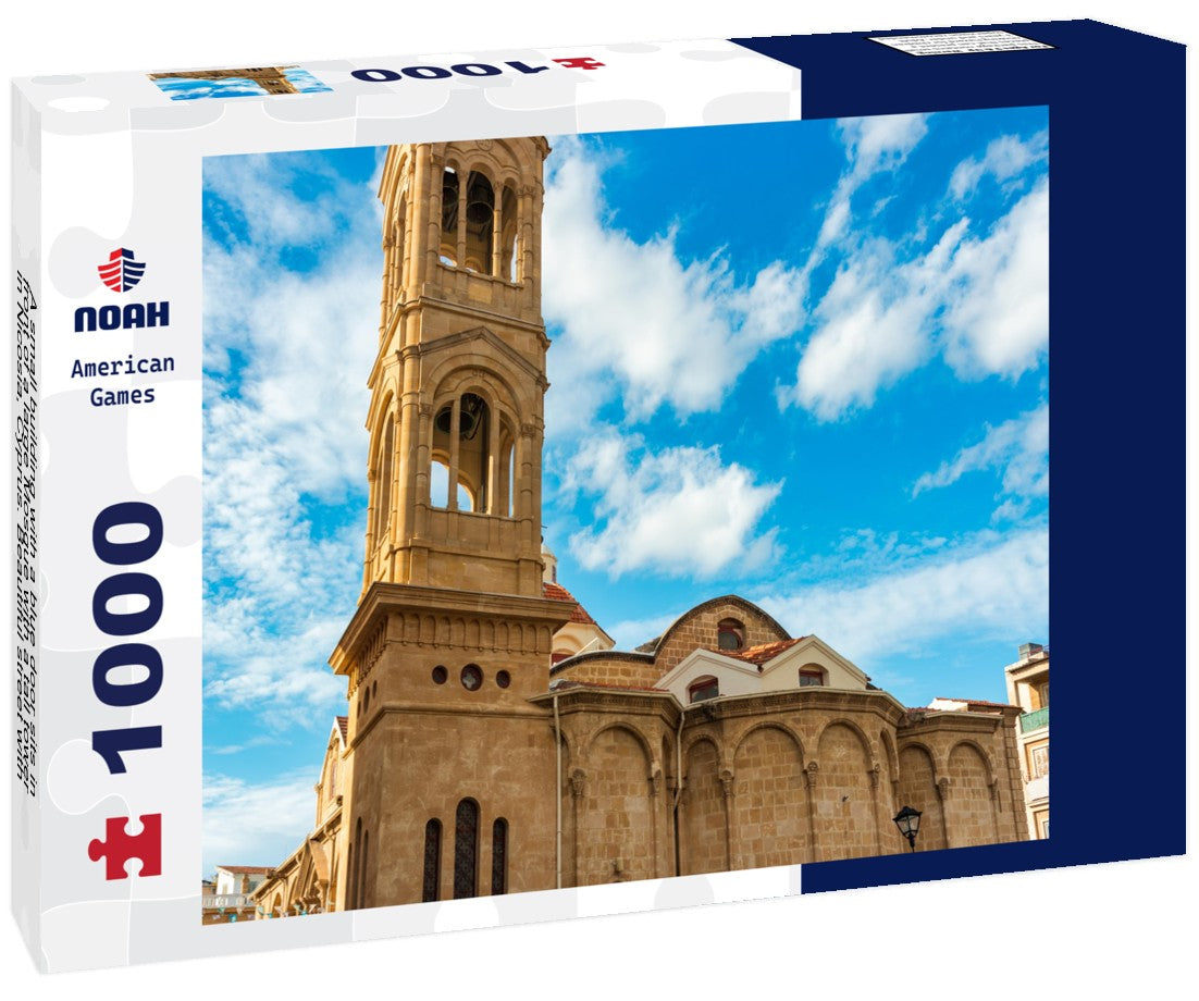 Noah Jigsaw Puzzle A small building with a blue door sits in front of a large Mosque with a tall tower in Nicosia, Cyprus. Beautiful street with old architecture in Nicosia, Cyprus 1000 pieces