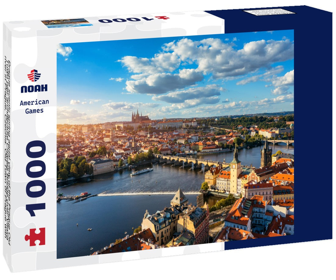 Prague scenic spring aerial view of the Prague Old Town pier architecture Charles Bridge over Vltava river in Prague, Czechia. Old Town of Prague with the Castle in the background, Czech Republic 1000pc Puzzle