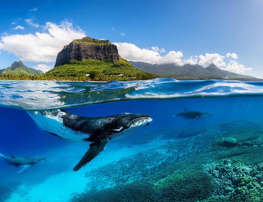 Noah Jigsaw Puzzle Indian Ocean, Mauritius Whales and sperm whales and vibrant coral reefs and sea Turtles. Mauritius island under waterfall, Mauritius undersea, Mauritius 1000 pieces