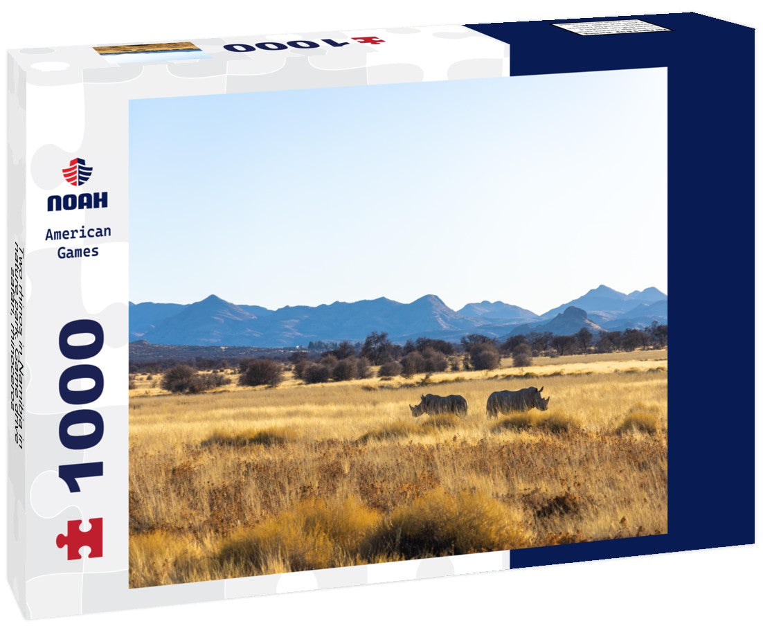 Two rhinos in Namibia in nature park. Game drive, safari, rhinoceros 1000pc Puzzle
