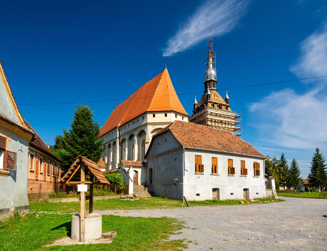 Spectacular sunny view on fortified church and street with old buildings in Saschiz, Transylvania, Romania. UNESCO World Heritage Site 1000pc Puzzle