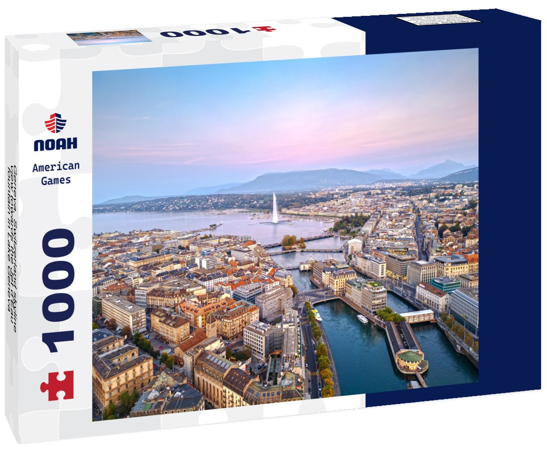 Noah Jigsaw Puzzle Geneva, Switzerland skyline view towards the Jet d'Eau fountain in Lake Geneva at twilight 1000 pieces