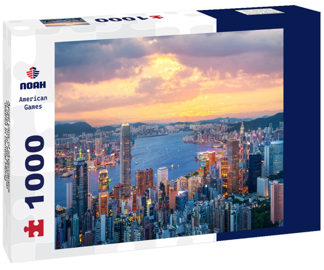 Noah Jigsaw Puzzle Aerial view of skyscrapers at dusk over the financial district in central Hong Kong, China 1000 pieces