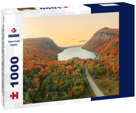 Noah Jigsaw Puzzle Epic Aerial Panorama New England Autumn Lake Willoughby at Sunrise. Colorful Fall Foliage Sun Rising Over Trees Road Leads to Lake Vermont October 1000 pieces