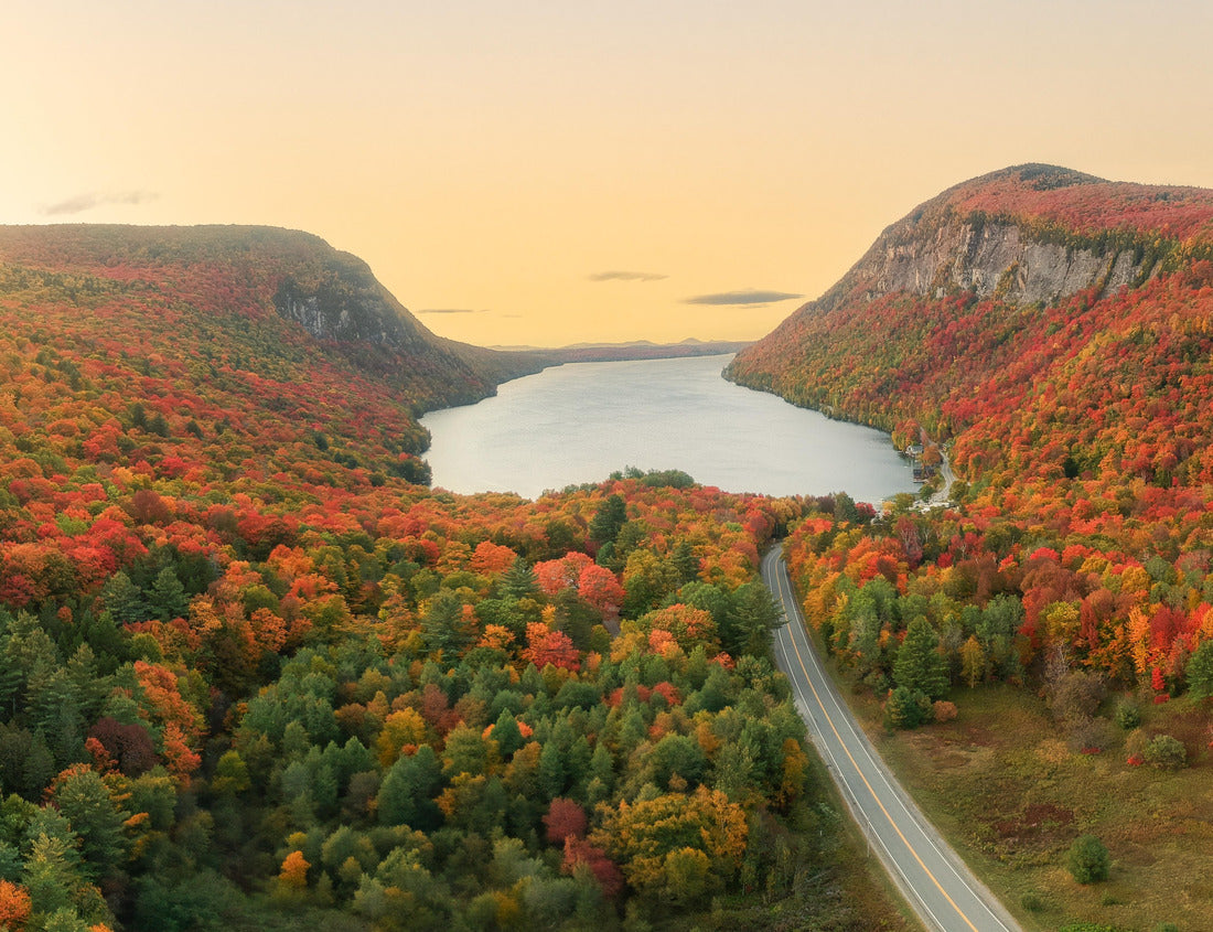 Noah Jigsaw Puzzle Epic Aerial Panorama New England Autumn Lake Willoughby at Sunrise. Colorful Fall Foliage Sun Rising Over Trees Road Leads to Lake Vermont October 1000 pieces